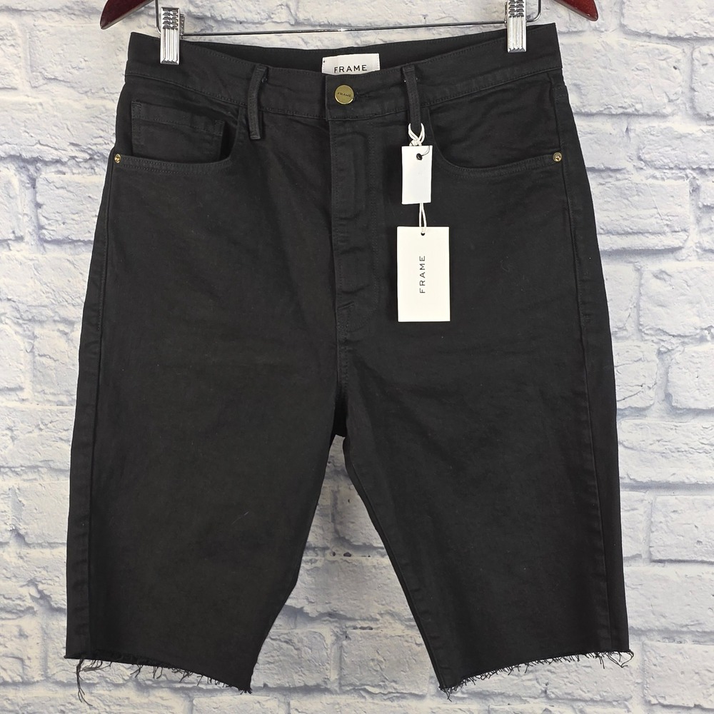 FRAME Le Vintage Bermuda Shorts Black Denim Raw Hem 11" Inseam Jean Size 30